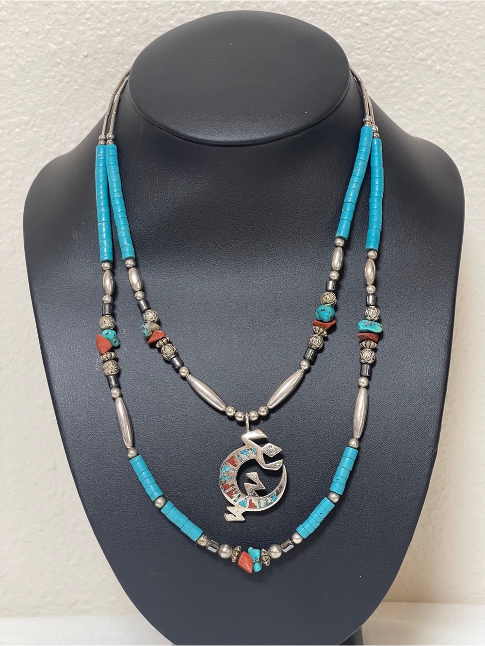 Turquoise and Coral Double-Strand Pendant Necklace
